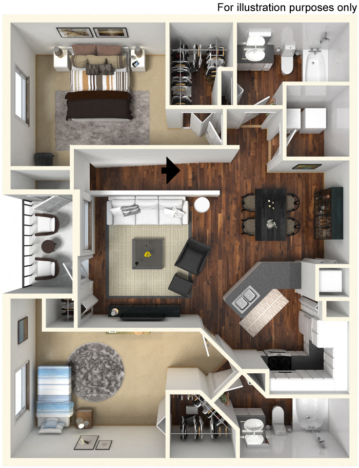 Floor plan for 2 beds, 2 baths, 1125 sqft